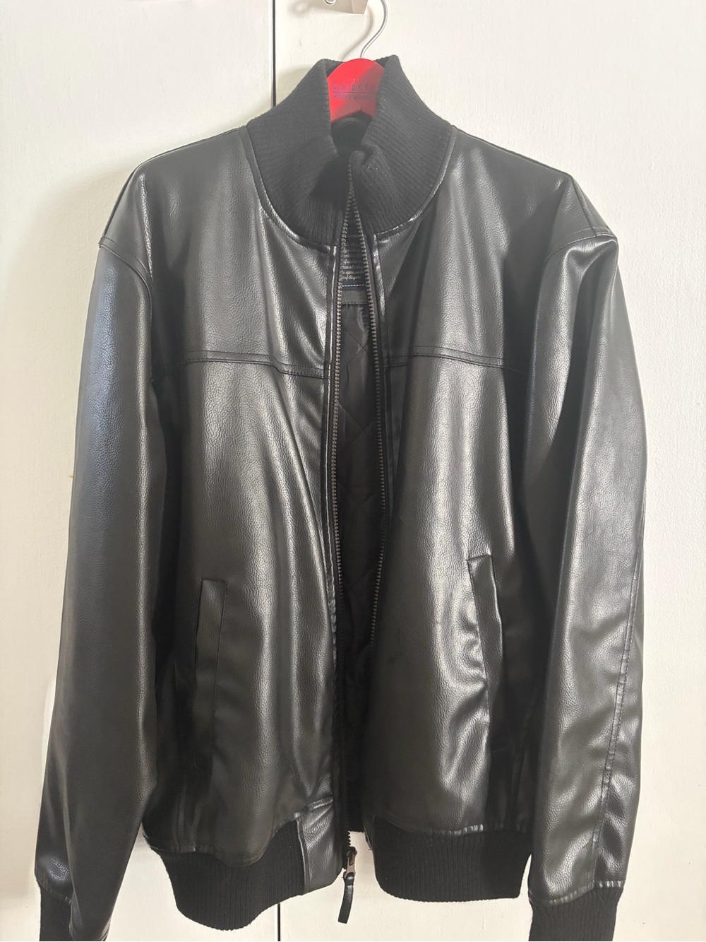 U.S. Polo Assn. Black Faux Leather Bomber Jacket with Rib Knit Collar